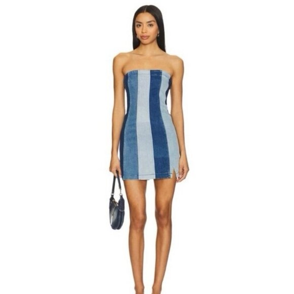 NWT Show Me Your Mumu Coronado Corset Blue Stripe Denim Mini Dress Size Small - Picture 2 of 10